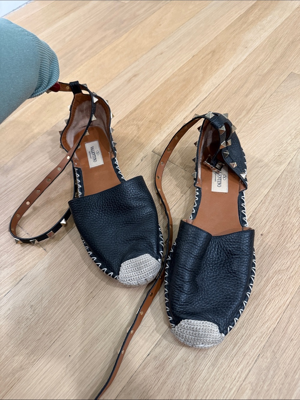 Valentino Black Leather Studded Espadrille Sandals with Natural Toe Cap
